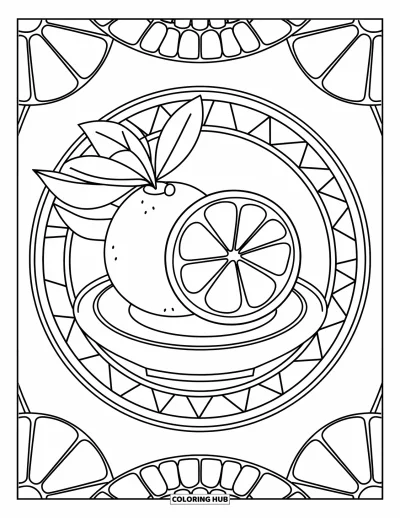 Coloriage de citron pour adultes : Assiette avec un citron tranché encadrée de motifs de vitrail en tranches d'agrumes