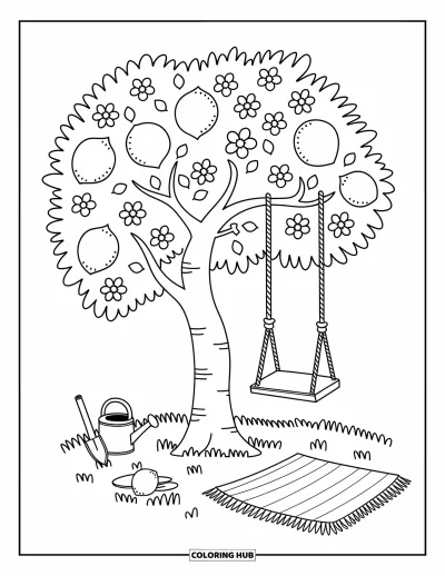 Coloriage de citron pour adultes : Citronnier généreux avec une balançoire douillette et des outils de jardin à proximité