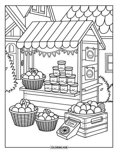 Coloriage de citron pour adultes : Étal de marché rustique rempli de citrons, de confitures et de guirlandes de tranches de citron