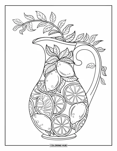 Coloriage de citron pour adultes : Grande carafe à limonade entourée d'un motif de mandala aux volutes d'agrumes