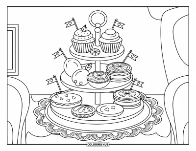 Coloriage de citron pour adultes : Présentoir à trois niveaux avec des cupcakes, des tartes, des biscuits et des bonbons au citron sur un napperon en dentelle