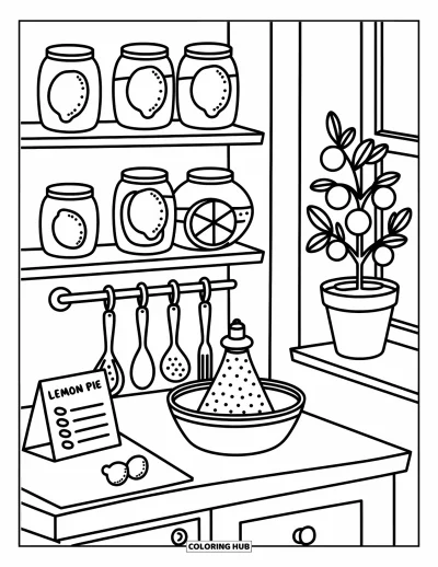 Coloriage de citron pour adultes : Petite cuisine remplie de bocaux de citrons, d'un saladier et d'un joyeux plant de citronnier