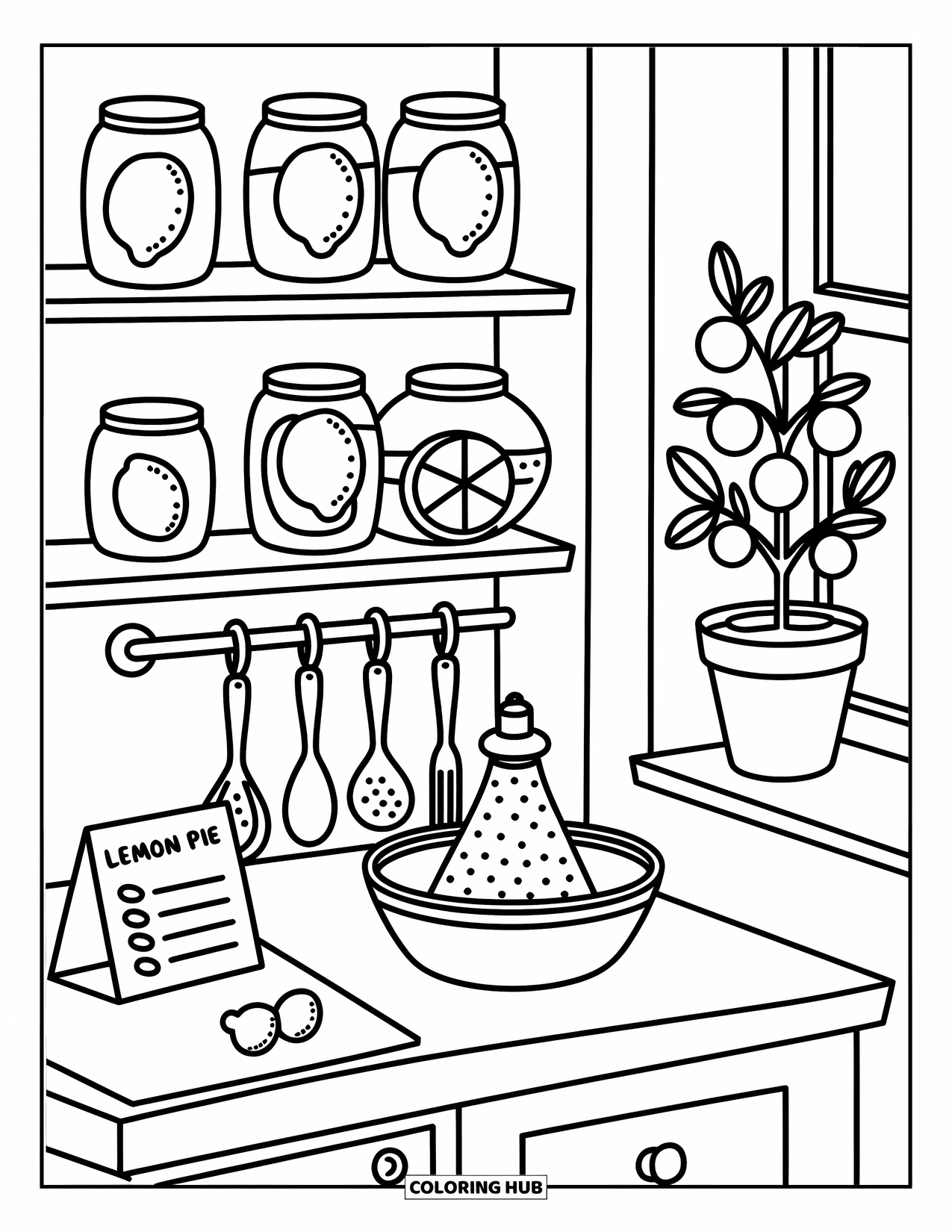 Lemon Coloring Page for Adults: Tiny kitchen filled with lemon jars, a mixing bowl, and a cheerful lemon sapling