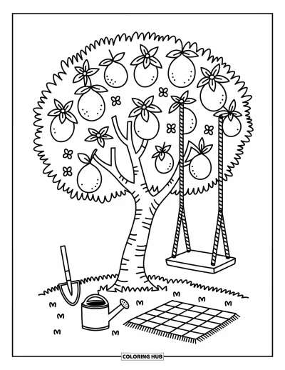 Coloriage de citron pour adultes : Arbre chargé de citrons avec une balançoire et un pique-nique douillet en dessous