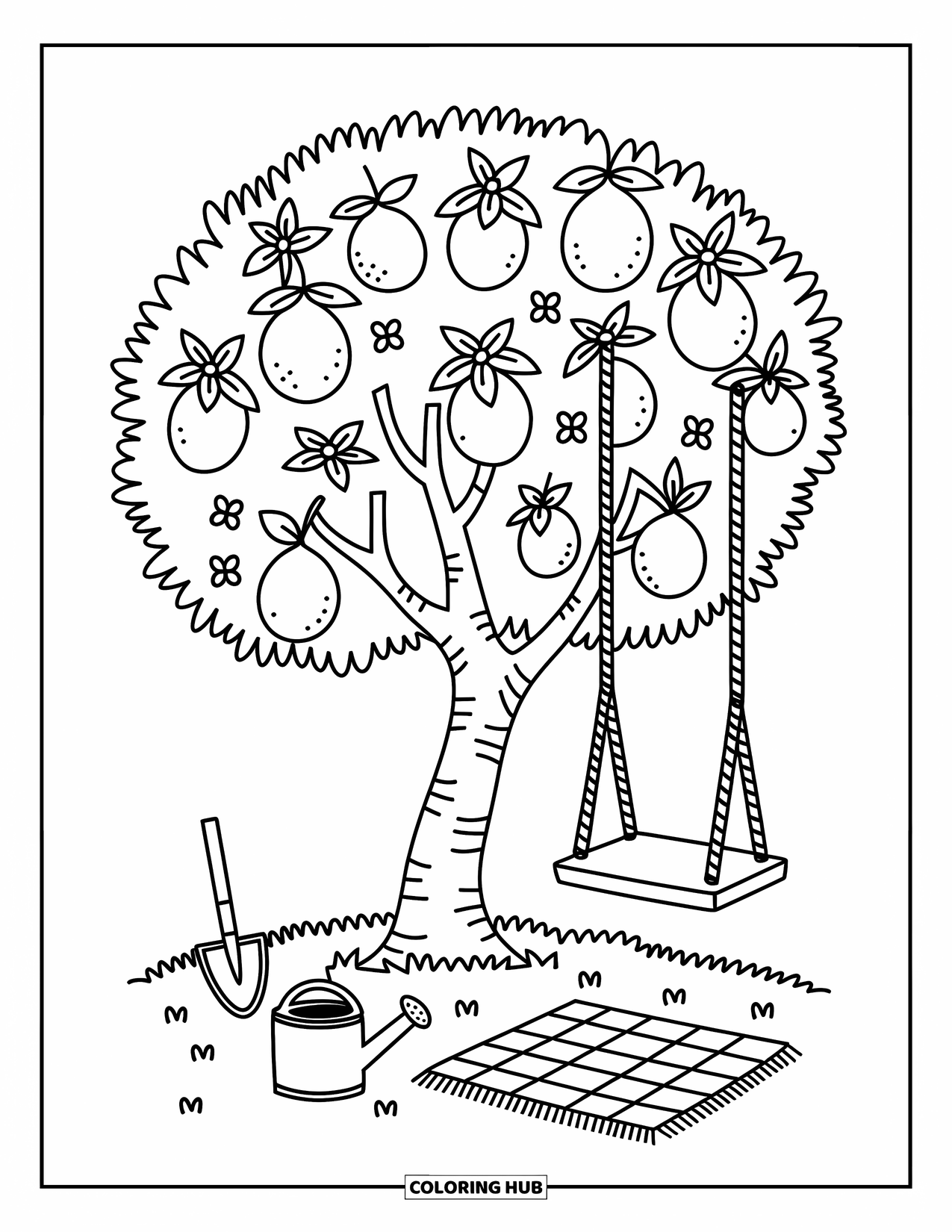 Lemon Coloring Page for Adults: Tree full of lemons with a swing and cozy picnic setup underneath