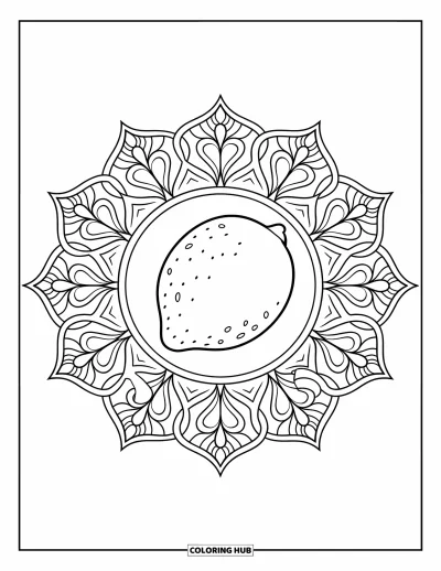 Coloriage de citron pour adultes : Citron entier au cœur d'un mandala botanique finement détaillé