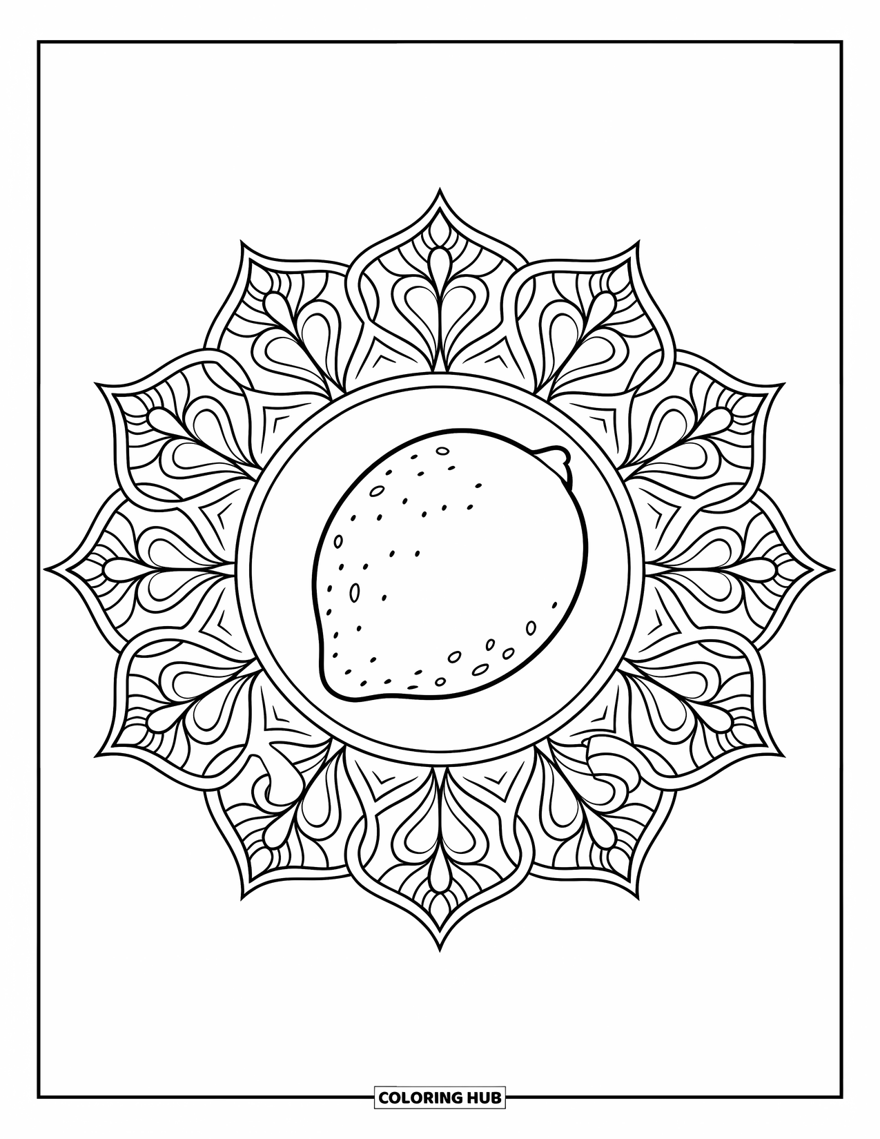 Lemon Coloring Page for Adults: Whole lemon centered in a detailed botanical mandala