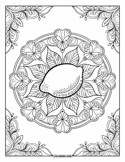 Coloriage de citron pour adultes : Citron entier au centre d'un mandala feuillu aux motifs floraux