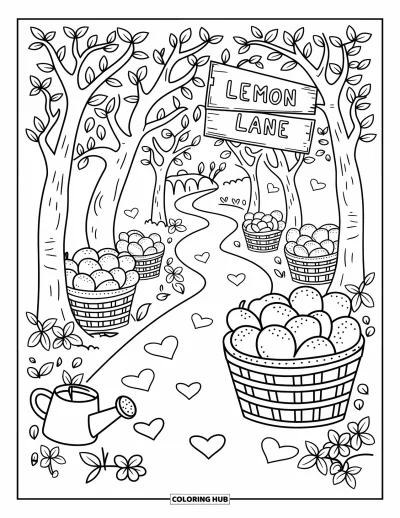 Coloriage de citron pour adultes : Chemin sinueux dans un verger de citronniers avec des caisses et une enseigne « Lemon Lane »