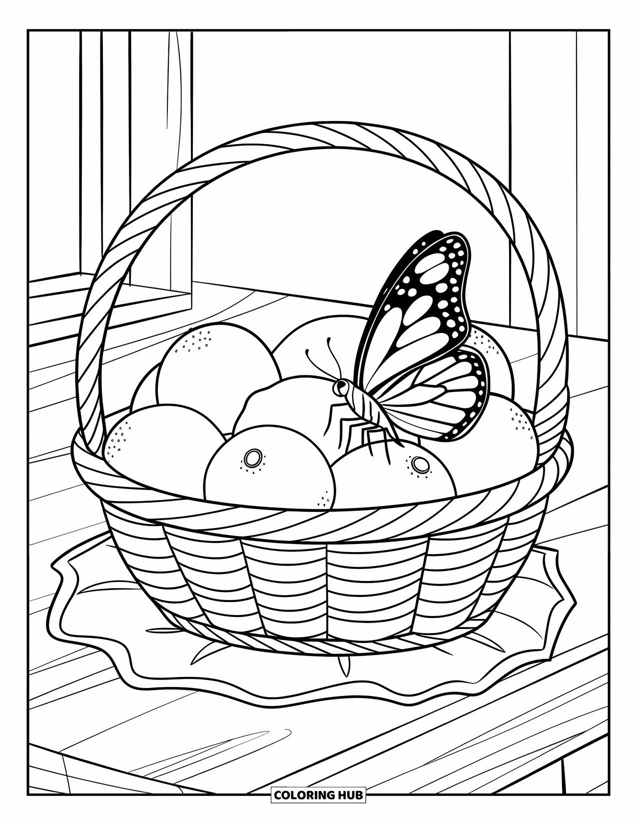 Lemon Coloring Page for Kids: Basket of lemons with a butterfly landing on one