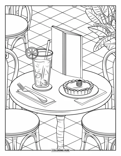 Coloriage de citron pour enfants : Ambiance café avec de la limonade, une tarte et un sol à carreaux
