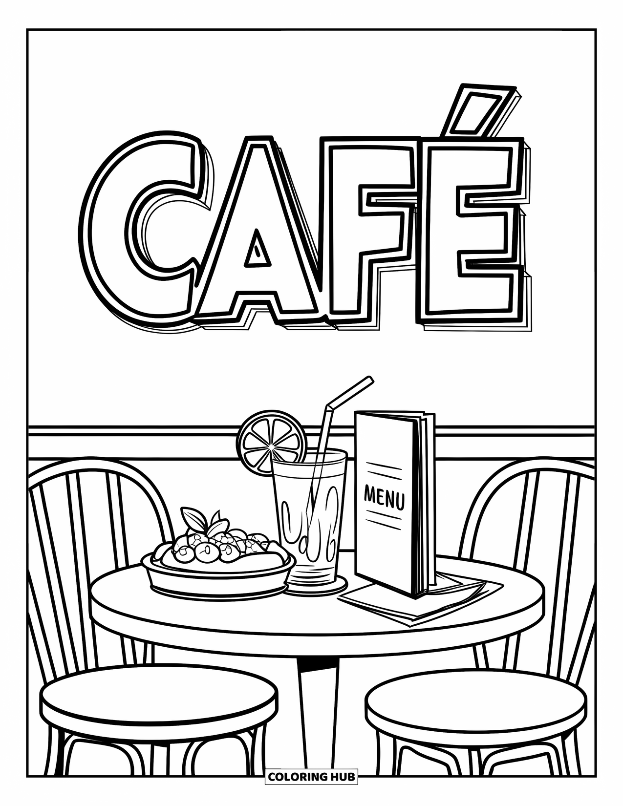 Lemon Coloring Page for Kids: CafÈ table with lemon drink, tart, and a menu card