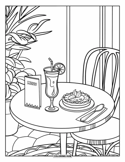 Coloriage de citron pour enfants : Table de café avec des gourmandises au citron et une plante à proximité