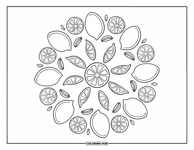 Coloriage de citron pour enfants : Cercle de citrons et de tranches avec le plus grand au centre