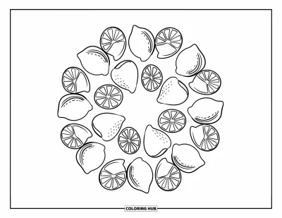 Coloriage de citron pour enfants : Motif circulaire de citrons avec des tranches en haut et en bas
