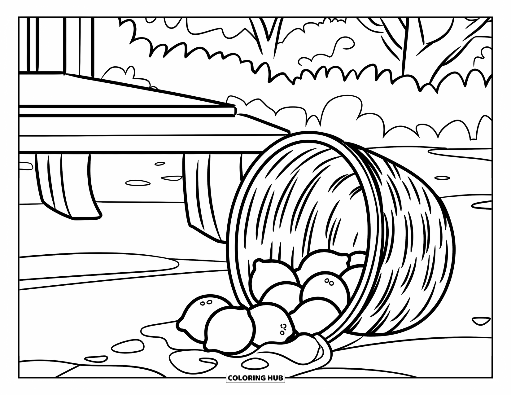 Lemon Coloring Page for Kids: Cozy bench scene with a basket of lemons nearby