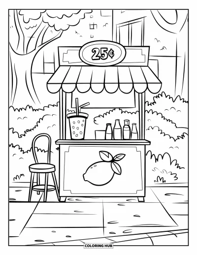 Coloriage de citron pour enfants : Joli stand de citrons sur un chemin avec des arbres et des bâtiments