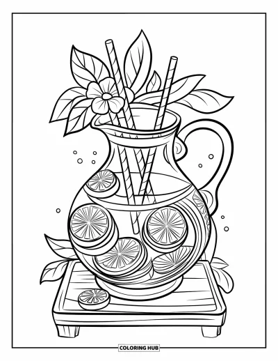 Coloriage de citron pour enfants : Carafe décorative avec des tranches de citron et des pailles spiralées sur une planche en bois