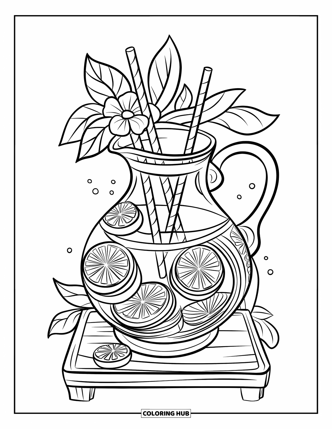 Lemon Coloring Page for Kids: Decorative pitcher with lemon slices and spiral straws on a wooden board