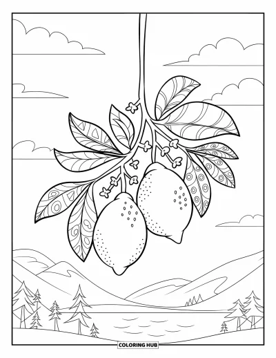 Coloriage de citron pour enfants : Branche de citronnier flottante avec des feuilles à motifs au-dessus d'un paysage paisible