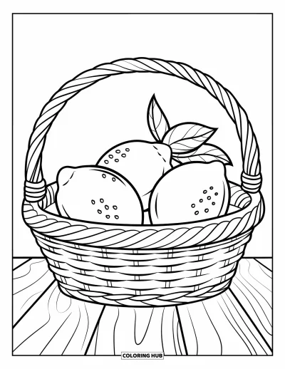 Coloriage de citron pour enfants : Panier de fruits contenant trois citrons aux contours épais