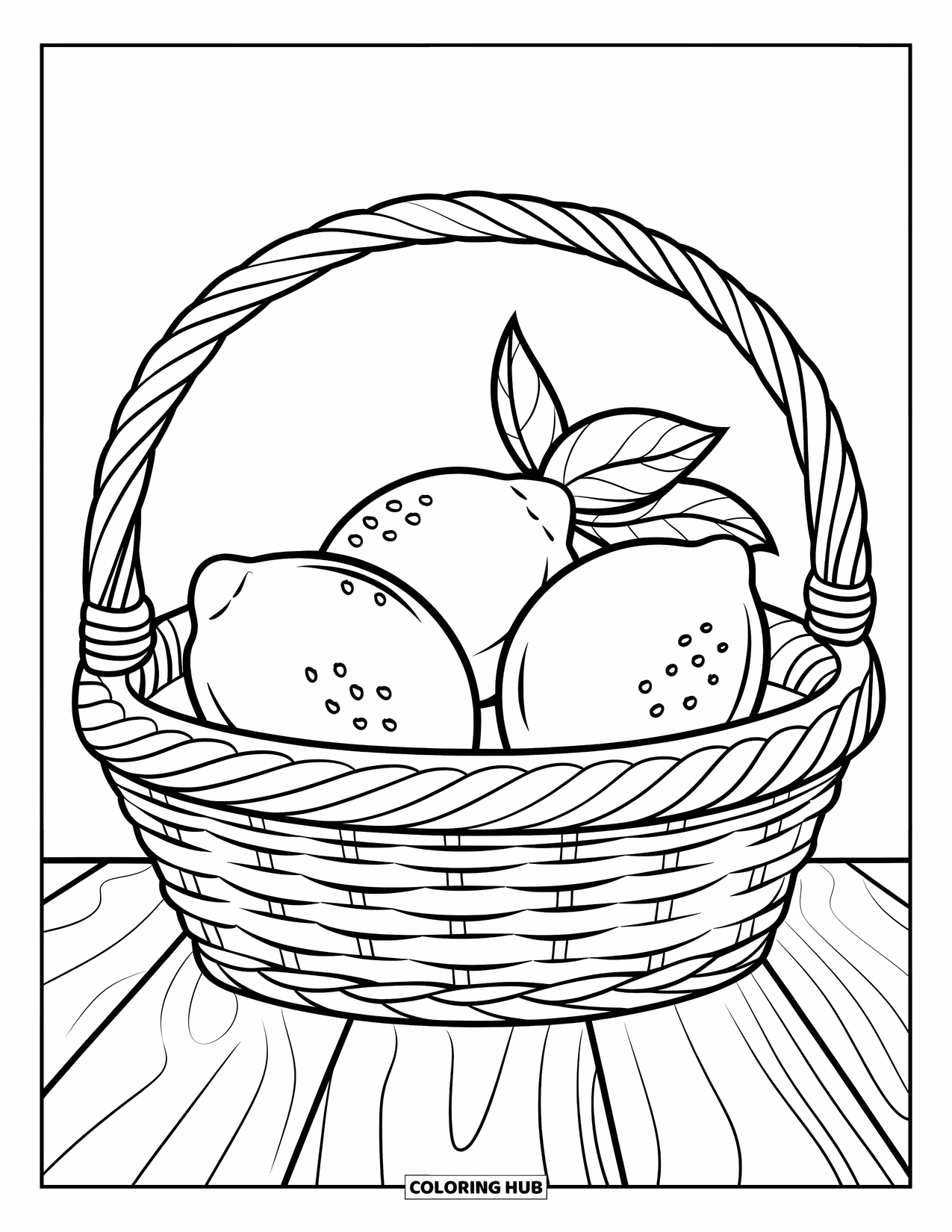 Lemon Coloring Page for Kids: Fruit basket holding three lemons with thick outlines