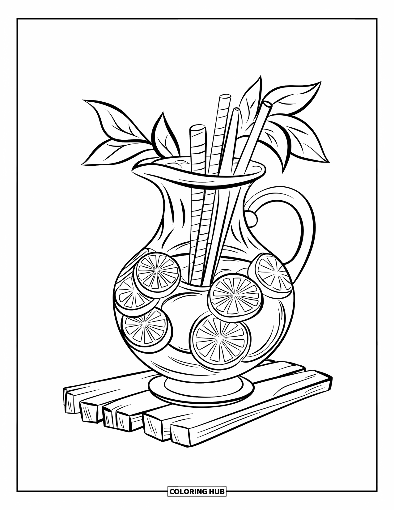 Lemon Coloring Page for Kids: Glass pitcher with lemon slices and leaves on a wooden plank