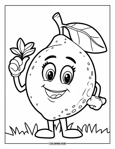 Coloriage de citron pour enfants : Personnage citron joyeux avec une petite feuille sur un coin herbeux