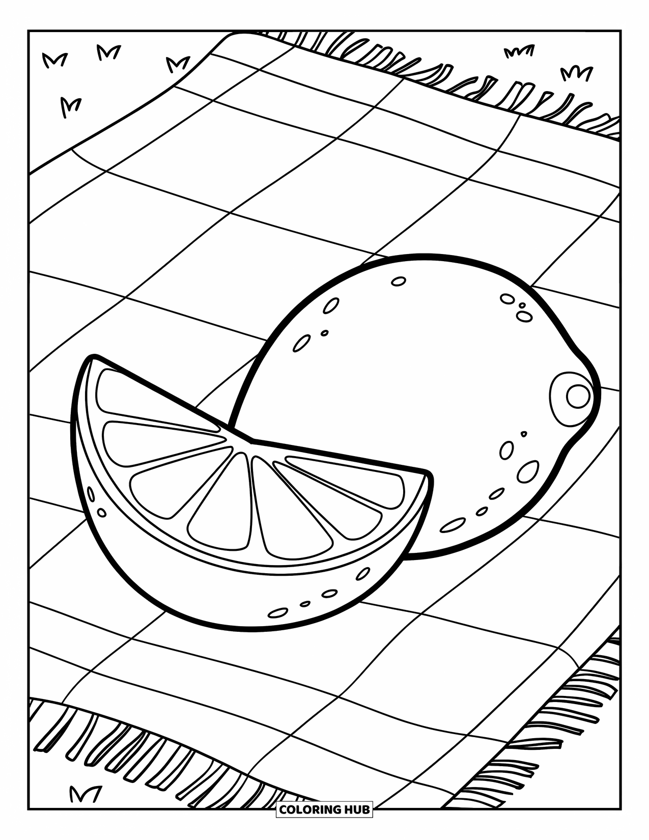 Lemon Coloring Page for Kids: Lemon and wedge resting on a mat in a grassy field