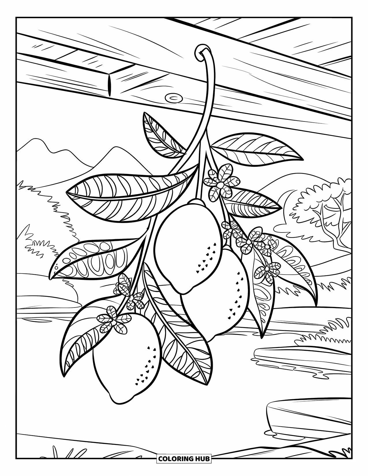 Lemon Coloring Page for Kids: Lemon branch with patterned leaves and blossoms over a calm landscape