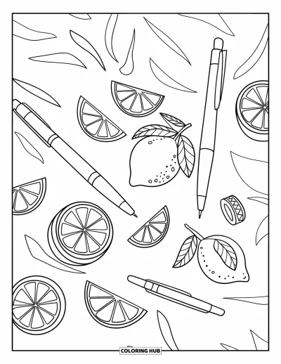 Coloriage de citron pour enfants : Doodles de citrons avec des stylos et du washi tape dans une mise en page amusante