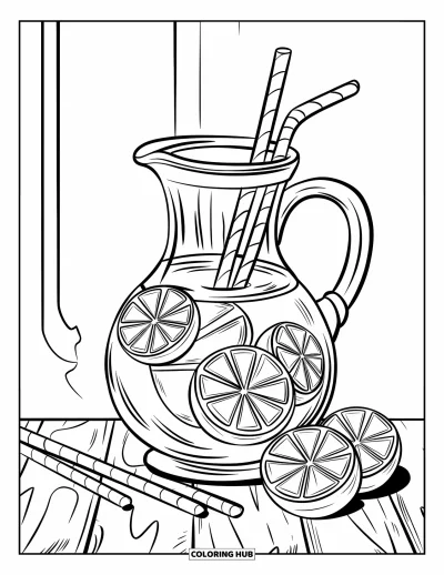 Coloriage de citron pour enfants : Carafe à limonade avec des pailles tourbillonnantes et des tranches sur une surface en bois