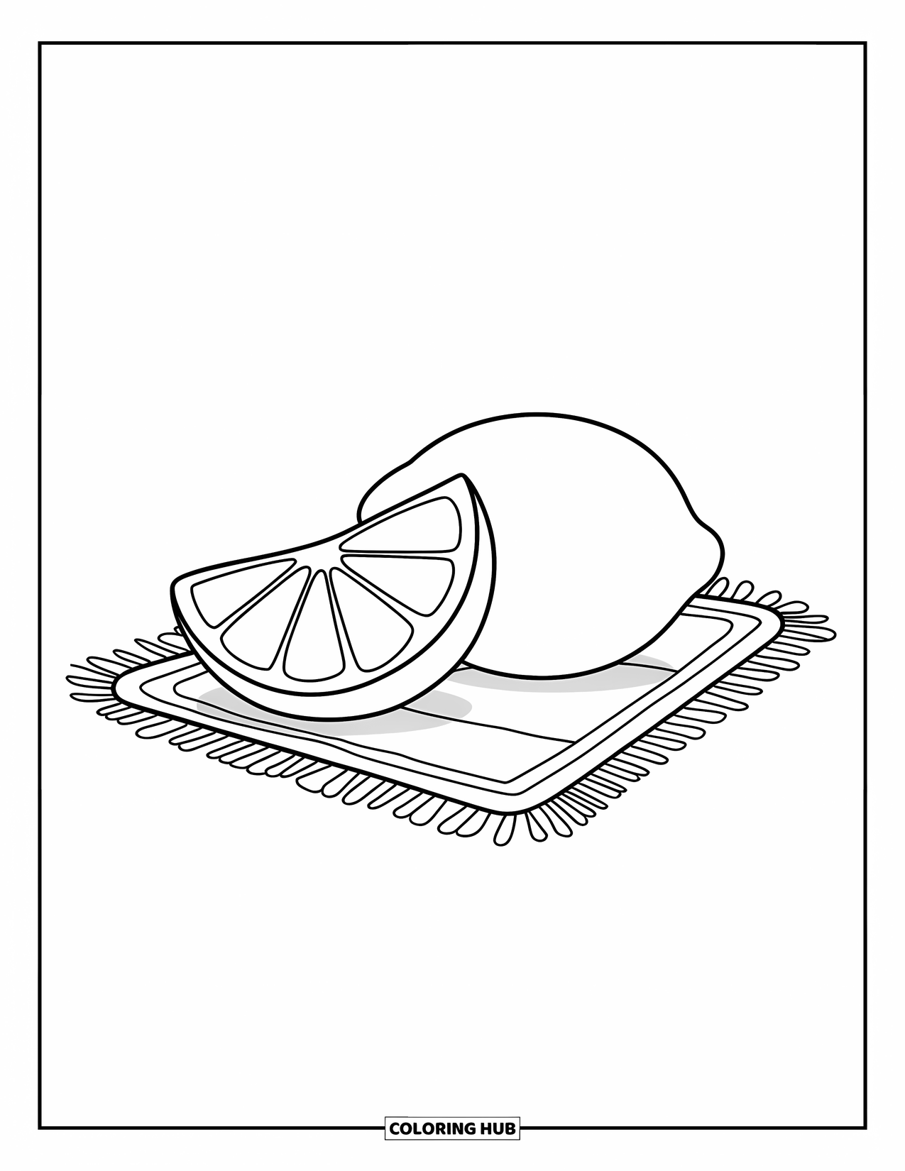 Lemon Coloring Page for Kids: Lemon wedge and whole lemon on a picnic mat
