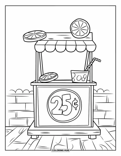 Coloriage de citron pour enfants : Stand de limonade avec un citron souriant et une enseigne « 25¢ »