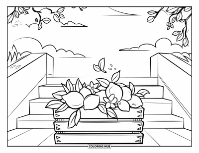 Coloriage de citron pour enfants : Citrons et fleurs dans une caisse près d'un escalier extérieur