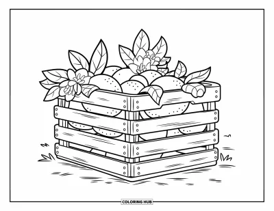 Coloriage de citron pour enfants : Citrons et fleurs dans une caisse à poignées sur fond blanc