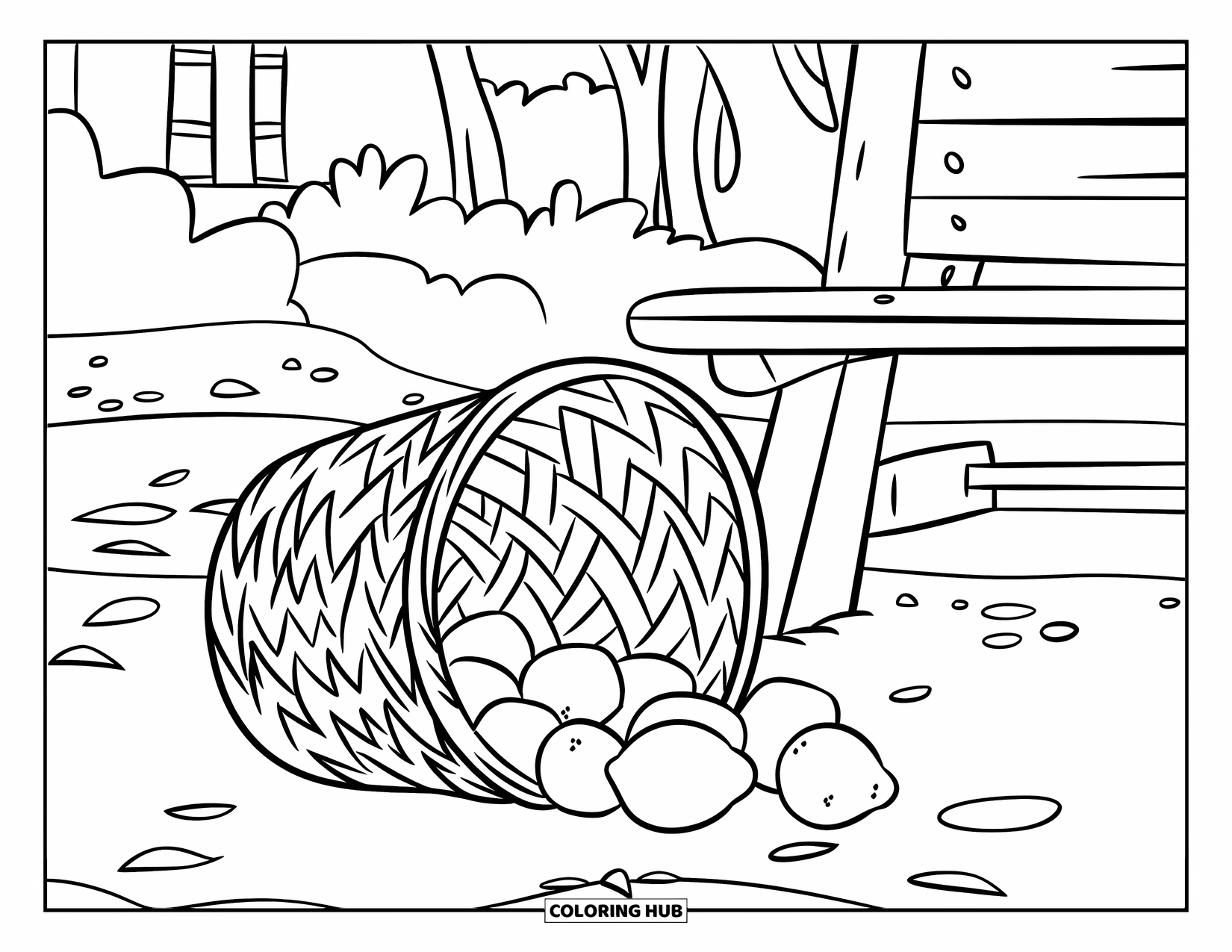 Lemon Coloring Page for Kids: Lemons spilling from a basket beside a cozy bench and trees