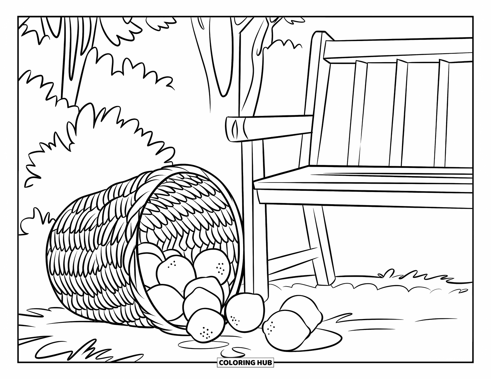 Lemon Coloring Page for Kids: Outdoor bench with a basket of lemons and trees behind