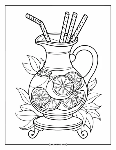 Coloriage de citron pour enfants : Carafe avec des pailles spiralées et des tranches de citron sur un présentoir en bois