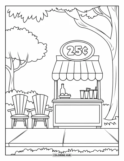 Coloriage de citron pour enfants : Stand de limonade sur le trottoir avec une enseigne, un citron souriant et deux chaises