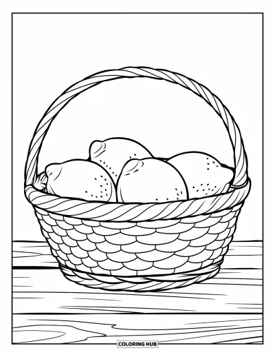 Coloriage de citron pour enfants : Simple panier de citrons posé sur une surface
