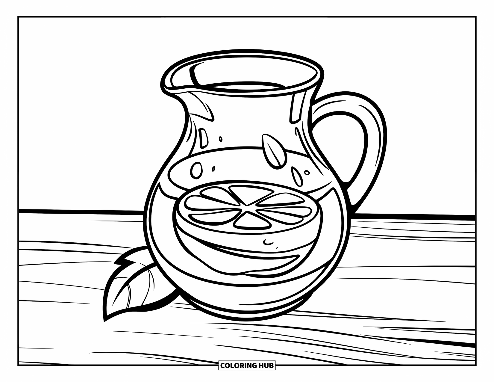 Lemon Coloring Page for Kids: Small pitcher with a lemon slice floating inside