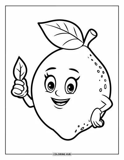 Coloriage de citron pour enfants : Citron souriant avec une feuille et un regard espiègle