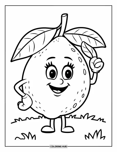 Coloriage de citron pour enfants : Citron souriant tenant une petite feuille sur l'herbe