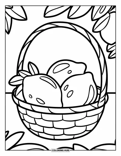 Coloriage de citron pour enfants : Trois citrons dans un panier aux lignes joyeuses et bien marquées