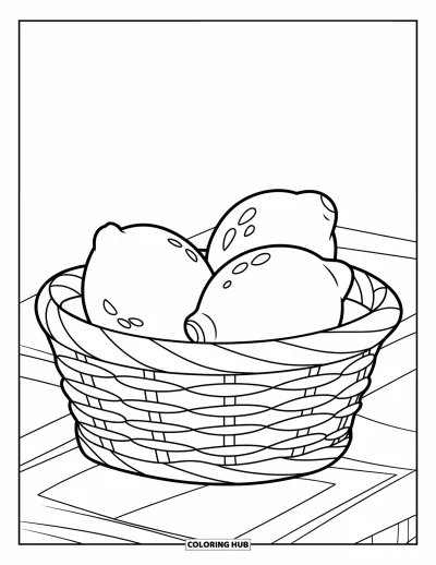 Coloriage de citron pour enfants : Trois citrons dans un petit panier à fruits