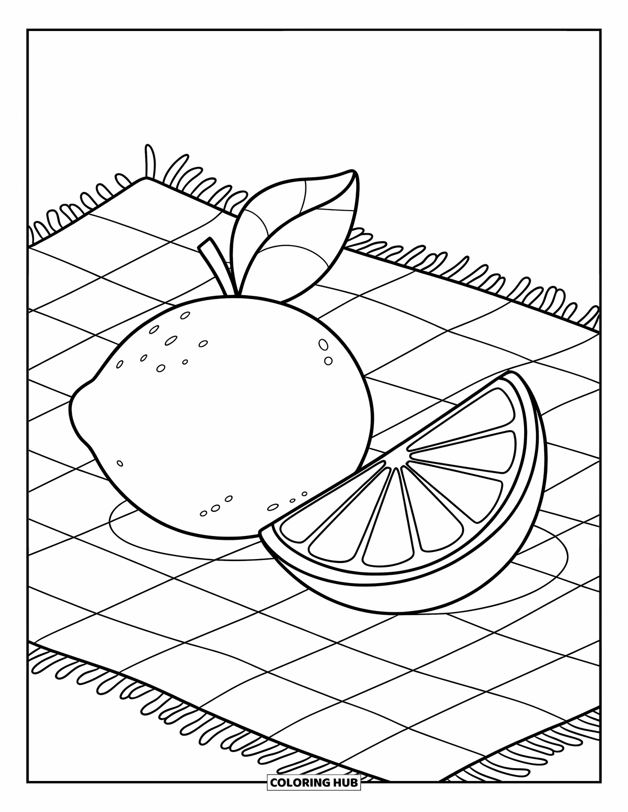 Lemon Coloring Page for Kids: Whole lemon and wedge on a mat, clean and bold