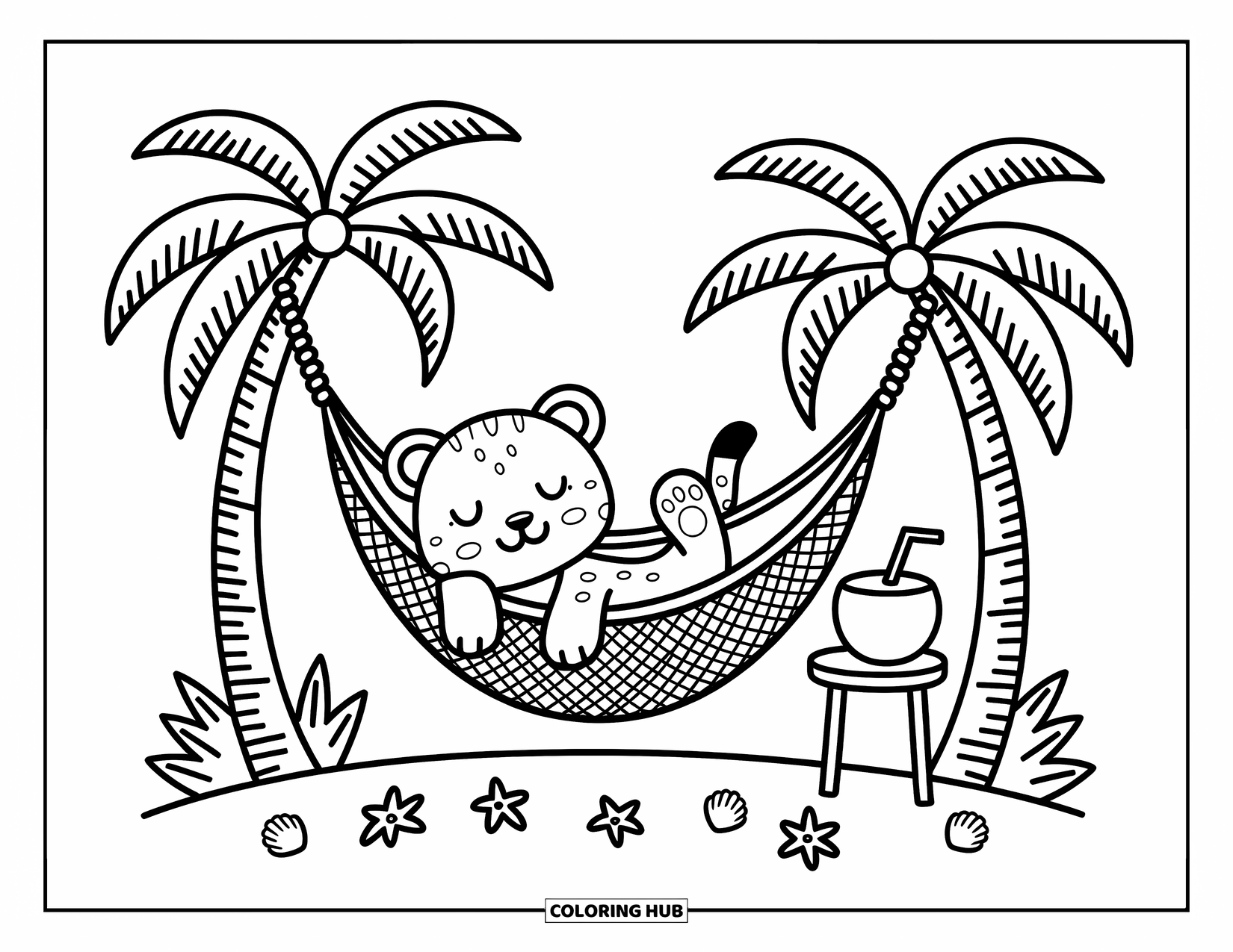Leopard Coloring Page for Adults: Chill leopard lounges in a hammock near flowers, seashells, and a tiny table