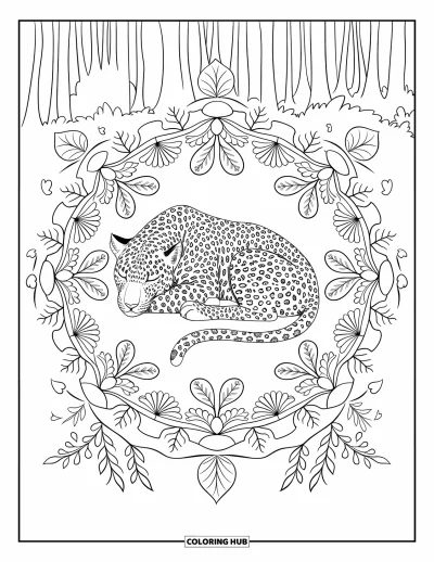 Desenho de leopardo para colorir para adultos: Leopardo enrolado descansa tranquilamente rodeado por uma mandala de folhas e árvores da floresta