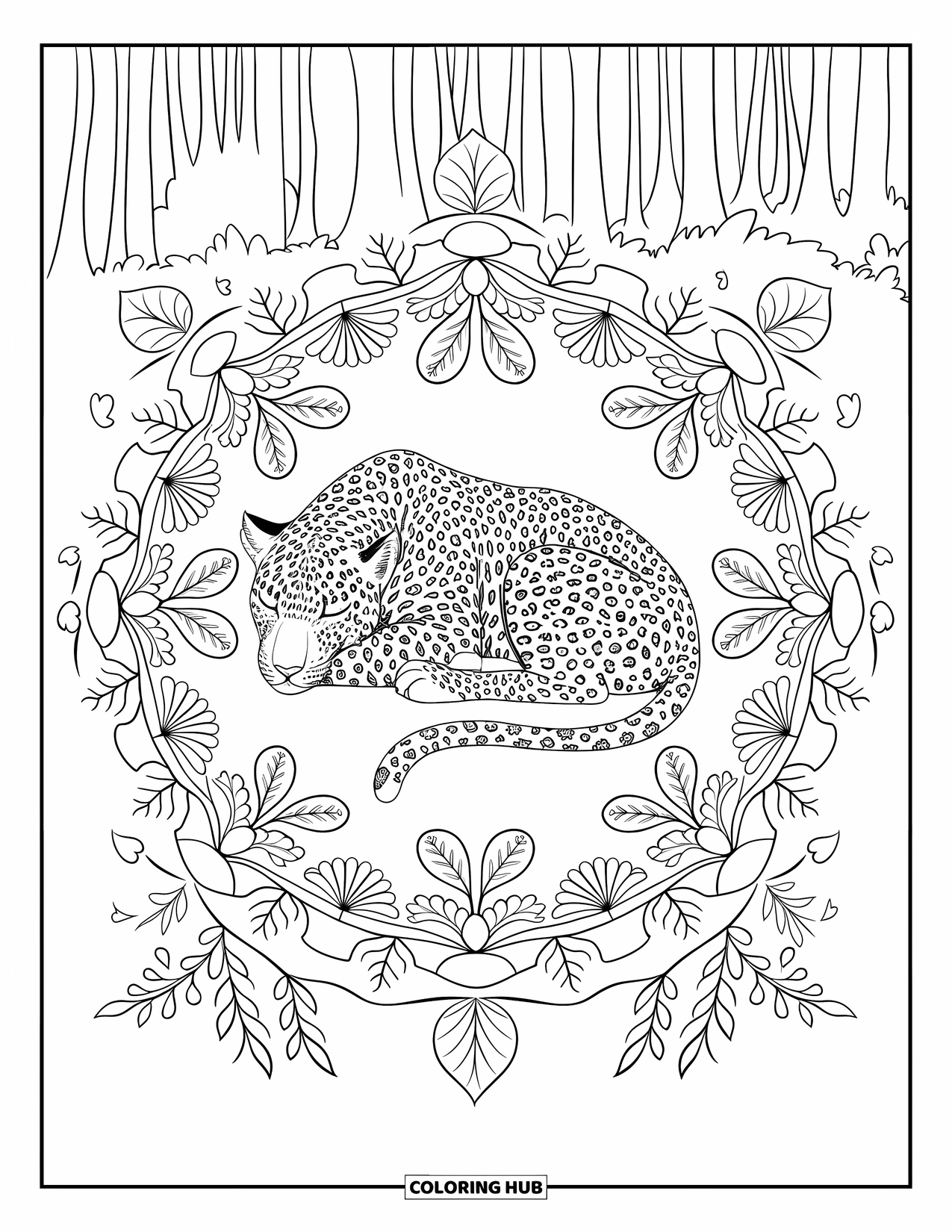 Leopard Coloring Page for Adults: Curled leopard rests peacefully surrounded by a leafy mandala and forest trees